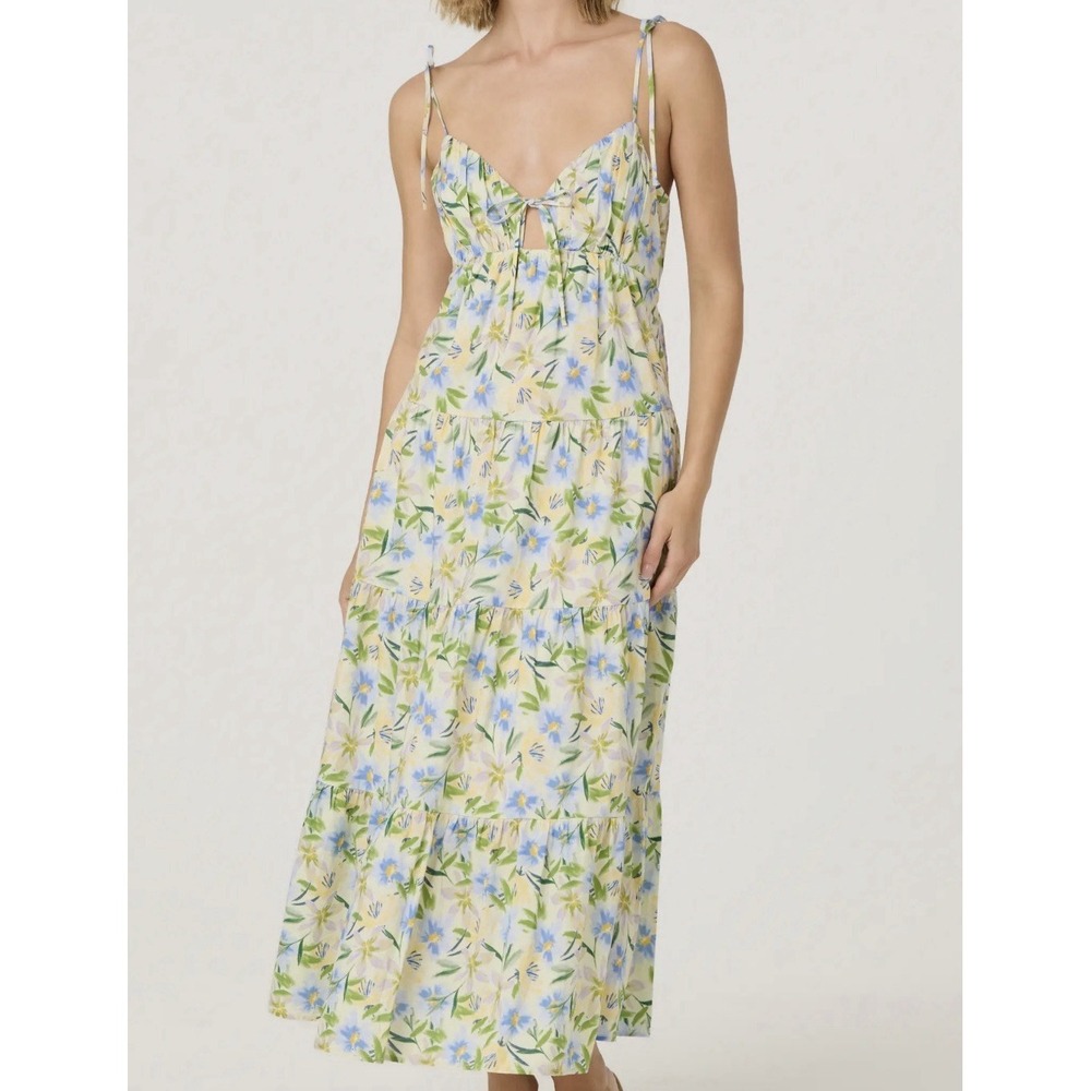 ASTR The Label Tie Strap Tiered Maxi Dress Size Large Yellow Blue Floral Revolve